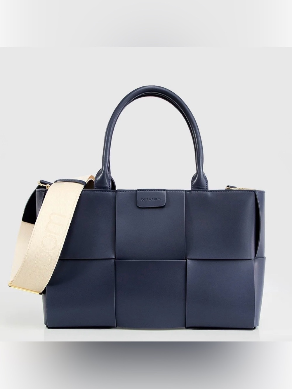 NWT, Belle & Bloom Long Way Home Woven Navy Large Leather Tote, Removable Strap